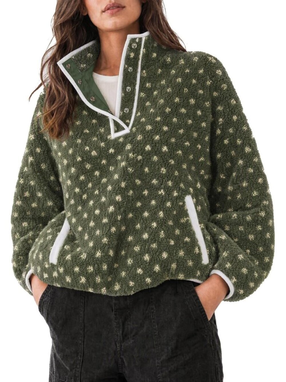 Women's Green Floral Fuzzy Fleece Pullover Collared Oversized Jacket